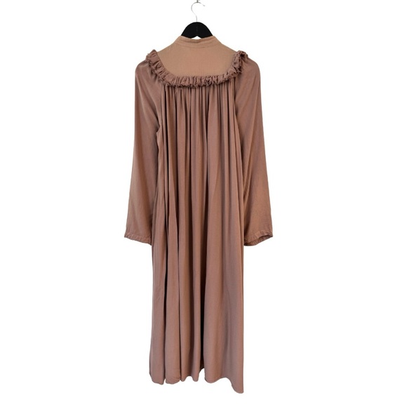 Atelier Delphine Fanny Dress Brushed Viscose Burro Brown Raw Hem Ruffle Bib - Picture 4 of 12